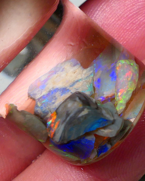 Lightning Ridge Rough Opal CANDY CHIPS 12.75cts mixed Base  gorgeous Multifires showing 10mm to chip size  Auction NS175