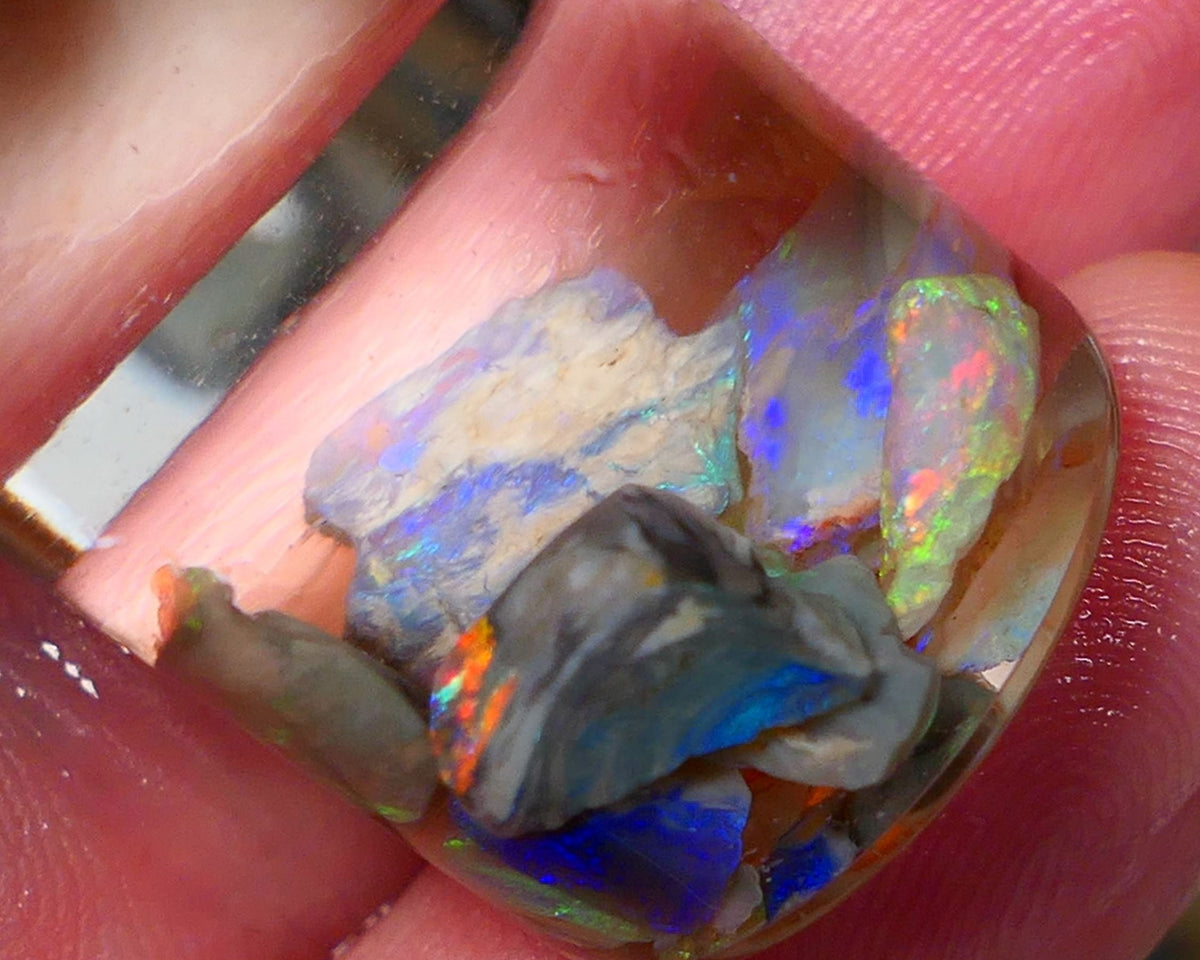 Lightning Ridge Rough Opal CANDY CHIPS 12.75cts mixed Base  gorgeous Multifires showing 10mm to chip size  Auction NS175