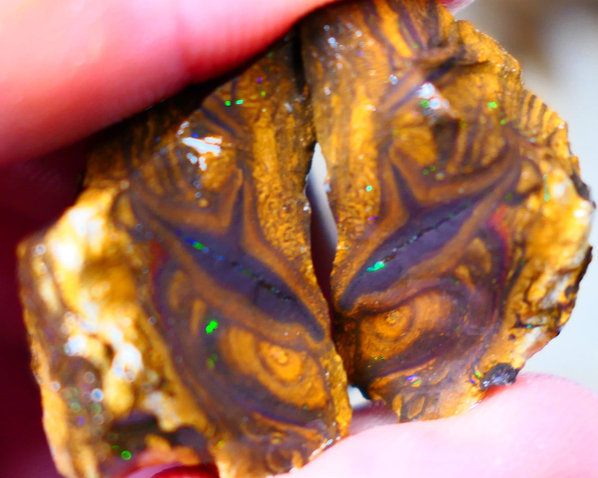 Winton Boulder opal rough split pair Ironstone host 115.00cts Green & Blue fires 32x19x18mm & 26x12x13mm Auction68