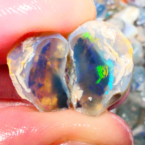 Lightning Ridge Dark Crystal base Knobby split 25.50cts Sun Flashes & Patterns of Green/Yellow/Orange/Blue dominant M.fires 24x19x12mm & 22x13x12mm NSW105