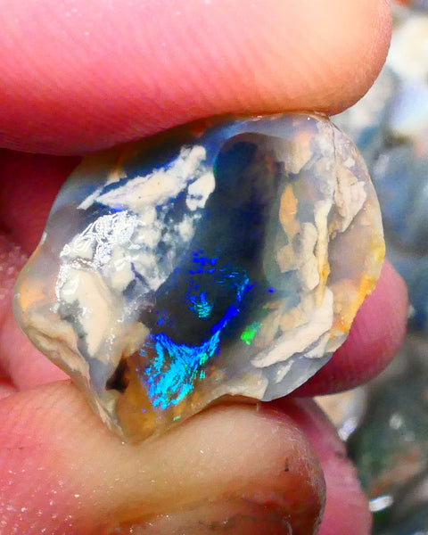 Lightning Ridge Dark Crystal base Knobby split 25.50cts Sun Flashes & Patterns of Green/Yellow/Orange/Blue dominant M.fires 24x19x12mm & 22x13x12mm NSW105