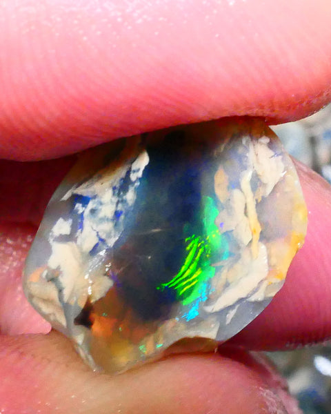 Lightning Ridge Dark Crystal base Knobby split 25.50cts Sun Flashes & Patterns of Green/Yellow/Orange/Blue dominant M.fires 24x19x12mm & 22x13x12mm NSW105