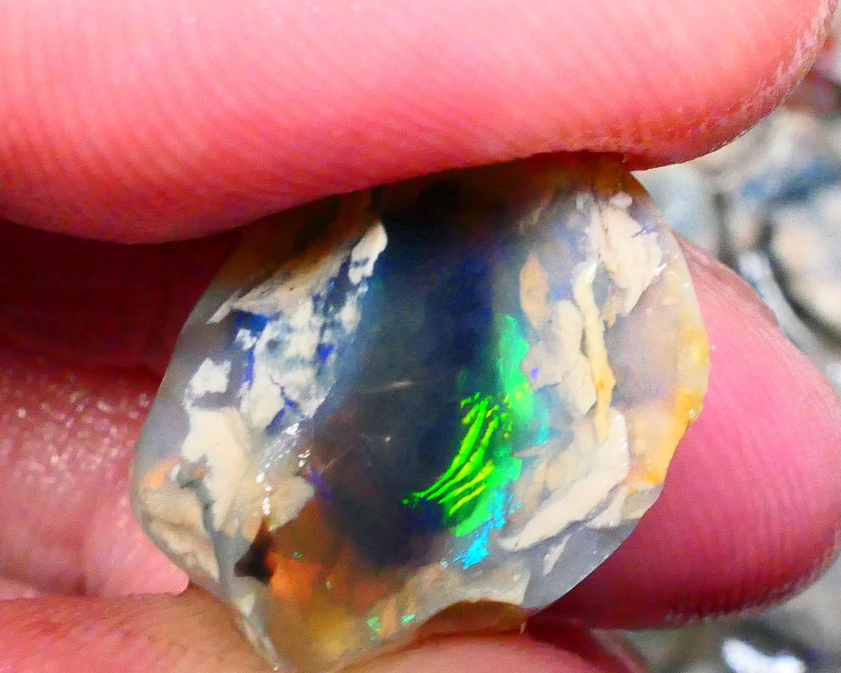 Lightning Ridge Dark Crystal base Knobby split 25.50cts Sun Flashes & Patterns of Green/Yellow/Orange/Blue dominant M.fires 24x19x12mm & 22x13x12mm NSW105