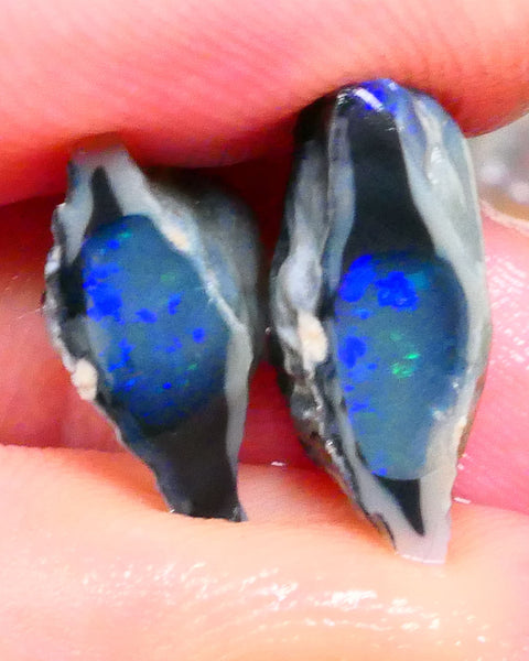 Lightning Ridge Dark Crystal base (semi Black) Knobby split 10.75cts Nice Green & Blue fires in crystal center showing confetti pattern 16x11x7mm & 15x10x6mm NSW107