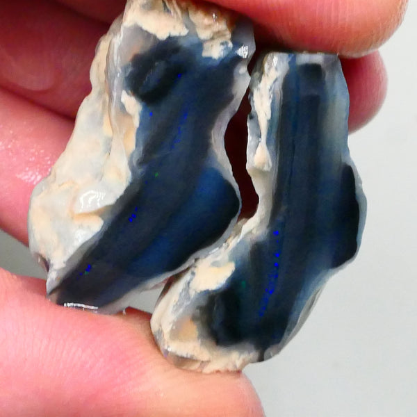 Large Sized Lightning Ridge Black Knobby opal Split pair 53.50cts Thin bars showing some blue fires to chase 28x21x12mm & 30x15x12mm NSW108