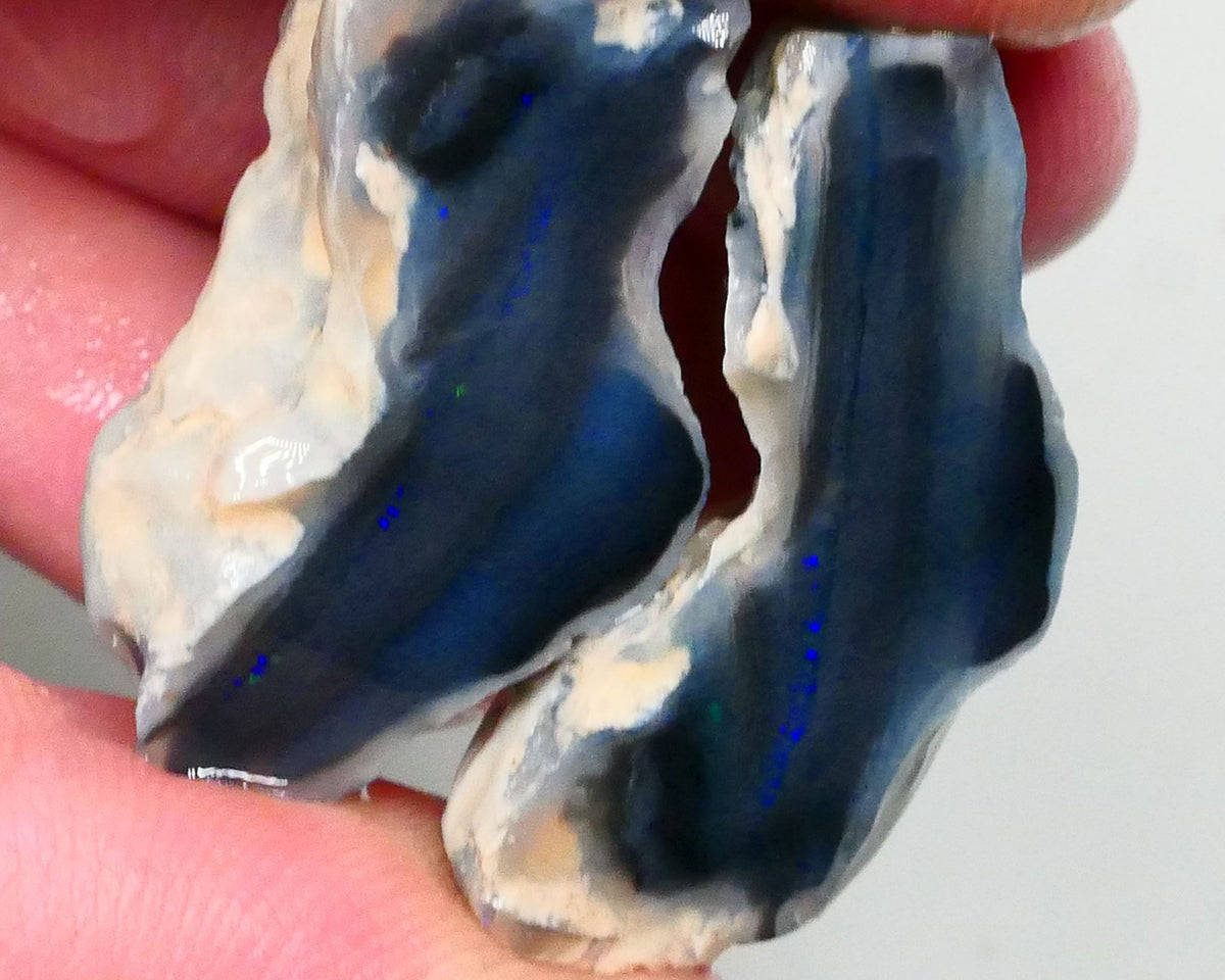 Large Sized Lightning Ridge Black Knobby opal Split pair 53.50cts Thin bars showing some blue fires to chase 28x21x12mm & 30x15x12mm NSW108