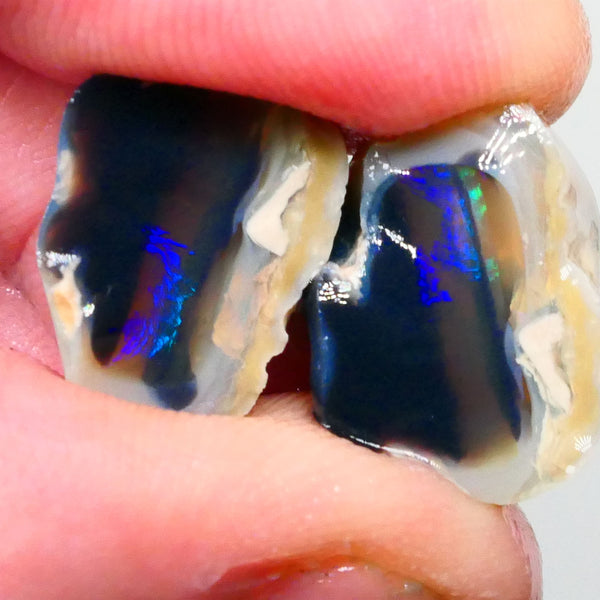 Lightning Ridge Black Crystal Knobby opal Split pair 27.50cts Bright Electric Blue/Green/Teal fires In 2 bars on thick one thin 17x14x12mm & 18x11x8mm NSW109