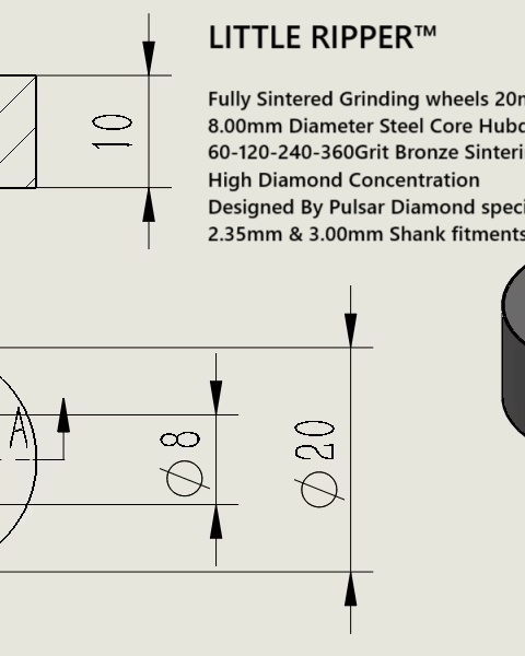 New for 2025 PULSAR DIAMOND® Fully Sintered Grinding wheels 20mm x 10mm 60-120-240-360Grit Bronze High Diamond Concentration Designed for opal LITTLE RIPPER™ Hubdrive™ M3 Screw on Grinding/Burr wheels Lapidary rotary tools carving 2.35mm or 3.00mm shanks