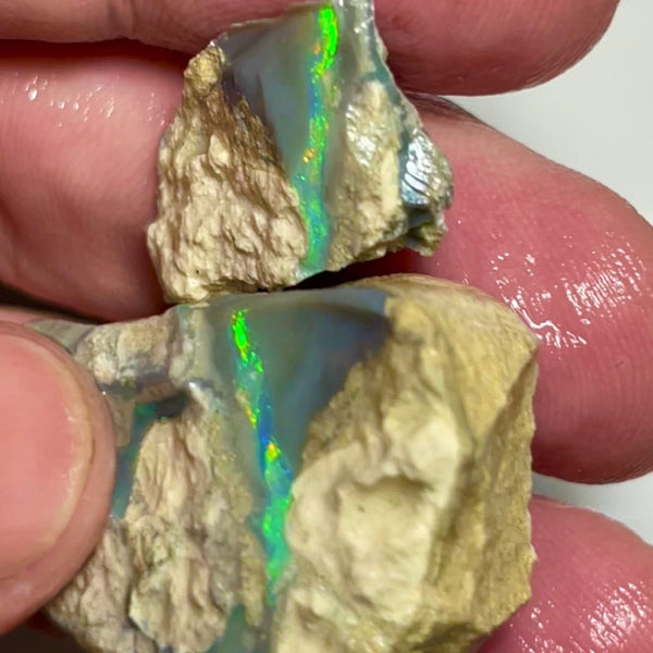 Bling Huge Grawin Dark base Multicolour Seam opal formation split pair 120.00cts Exotic Bright Vibrant Green dominant M.fires Sand/clay host rock Own a piece of Grawin 35x30x17 & 25x17x9 mm NSW040