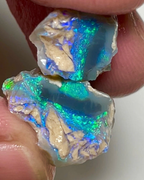 Lightning Ridge Dark Crystal base knobby opal rough Split 16.75cts Gorgeous Exotic Bright Greens & Blues to cut 17x14x10 & 11x8x5mm NSW093