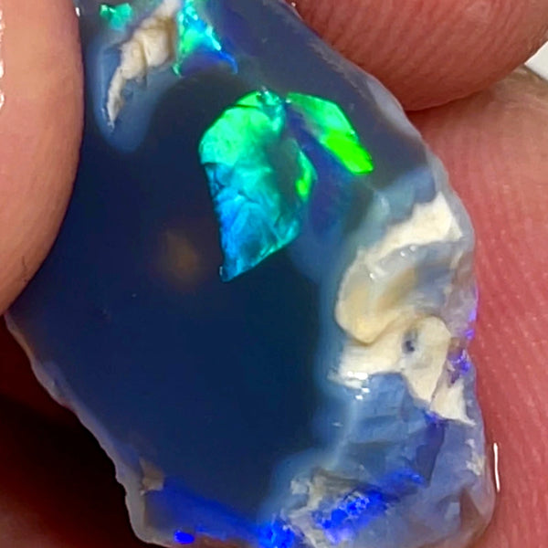 Lightning Ridge Opal Miners Bench® Black Base Seam Rough / Slice / Rub 11.5cts Bright Vibrant Blue Green & Yellow fires 22x15x6mm WAD34