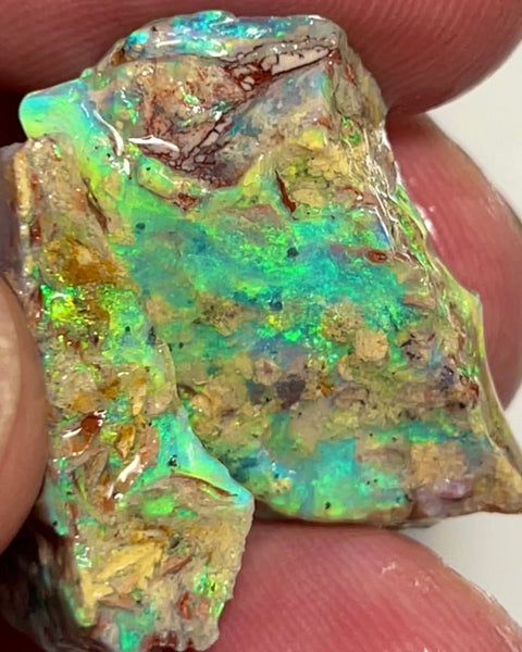 Lightning Ridge Rough Exotic opal formation split pair 35.00cts Stunning & Gorgeous Yellow dominant Multifires showing through out 26x13x7mm & 22x17x7mm NSW046