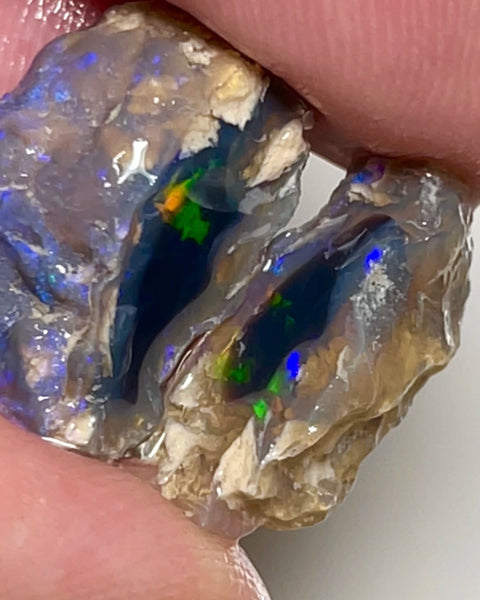 Lightning Ridge knobby opal rough 15.75cts Sun flashes of Multifires sat on black center 20x12x7 & 15x5x4mm NSW090