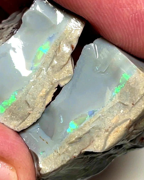 Lightning Ridge Rough Opal 71cts Stunning Dark Base Thick Seam Split showing nice Green dominant Multifires bars 27x22x10mm & 20x17x11mm WAD10