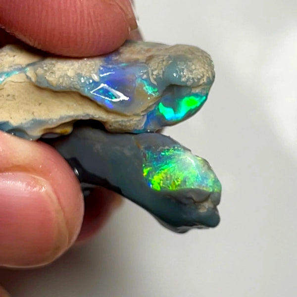 Lightning Ridge 33cts Nice pair of Dark base Crystal Opal formations rough to cut/carve Gorgeous Bright Multicolours 30x14x5 & 27x12x8 mm WAE65