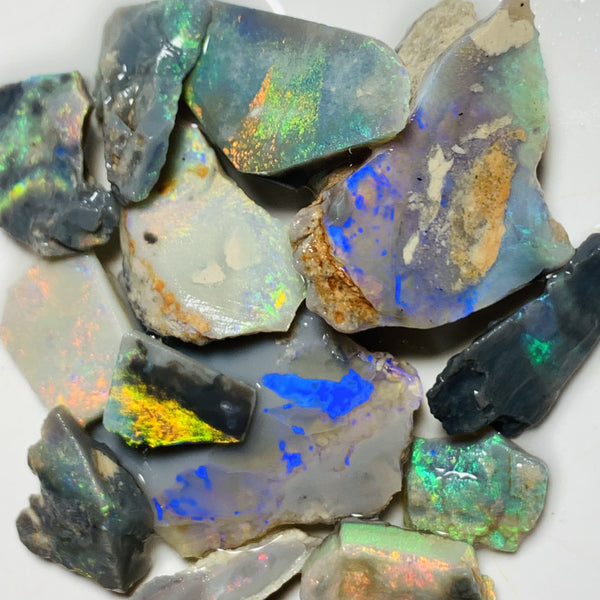 Lightning Ridge Opal Rub n rough Parcel Black & Semi Black  parcel from the Miners Bench® 64cts Stunning Bright Multifires to faces 27x22x3mm to 10x8x4mm WST85