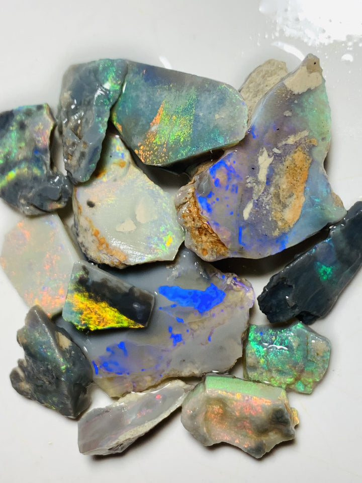 Lightning Ridge Opal Rub n rough Parcel Black & Semi Black  parcel from the Miners Bench® 64cts Stunning Bright Multifires to faces 27x22x3mm to 10x8x4mm WST85