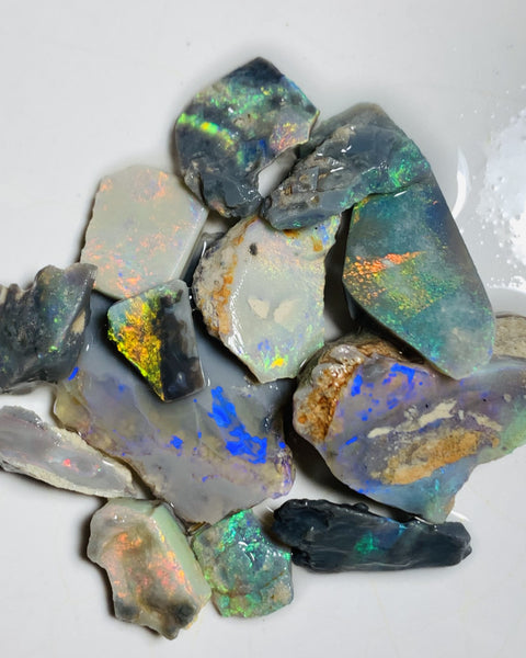 Lightning Ridge Opal Rub n rough Parcel Black & Semi Black  parcel from the Miners Bench® 64cts Stunning Bright Multifires to faces 27x22x3mm to 10x8x4mm WST85