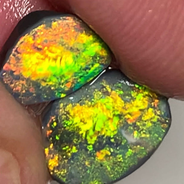 Lightning Ridge Rough / Rub Black opal Pair Miners Bench®  2.2cts Exotic Super Bright Vibrant & Vivid Multifires  11x8x1mm & 9x6x1mm WSU52