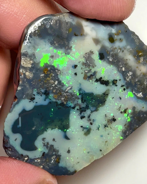 Lightning Ridge Opal Rough n Rub Dark base Monster Seam 110cts Bright Green Dominant Multifires 45x40x10mm 1006