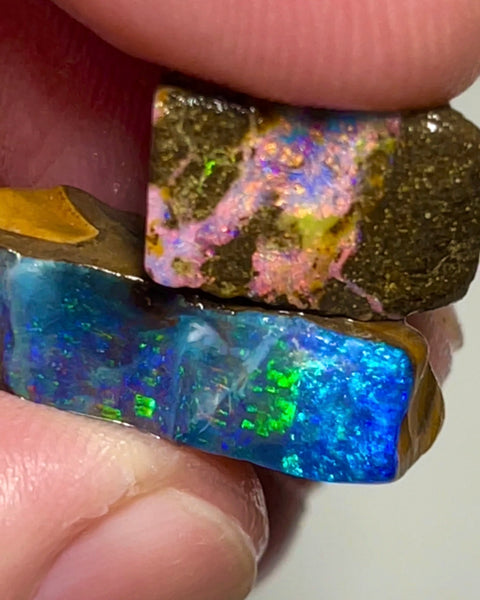 Bling Bling Boulder opal 20cts rough / Rubs Gem Winton Bright & Gorgeous Pinks/Greens/Blues Multifires 20x7x5mm to 14x8x4mm AUCTION NSA009