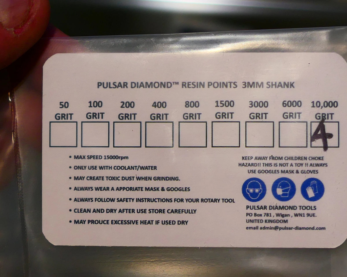 PULSAR™ DIAMOND RESIN POINTS MK2'S COLOUR CODED LAPIDARY BURRS FOR DREMEL & ROTARY TOOLS 3MM SHAFT POLISH SET 4x 10,000 GRITS