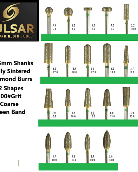 PULSAR DIAMOND® Full Set of 22 shapes 100#Grit Coarse Green Band Fully Sintered Diamond Burr 2.35mm Shank for grinding Opal & Gemstones, Glass, Stone, Metal Polishing Fits Dremel Foredom & Pulsar tools