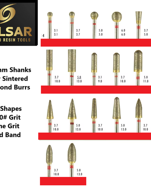 PULSAR DIAMOND® Full Set of 20 shapes 400#Grit Fine Red Band Fully Sintered Diamond Burr 2.35mm Shank for grinding Opal & Gemstones, Glass, Stone, Metal Polishing Fits Dremel Foredom & Pulsar tools