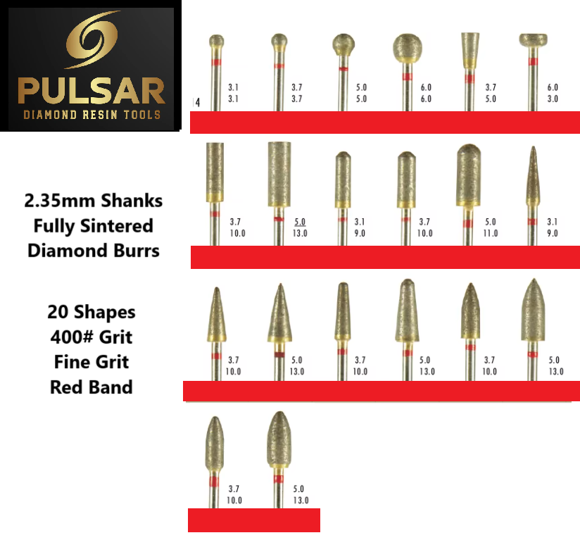 PULSAR DIAMOND® Full Set of 20 shapes 400#Grit Fine Red Band Fully Sintered Diamond Burr 2.35mm Shank for grinding Opal & Gemstones, Glass, Stone, Metal Polishing Fits Dremel Foredom & Pulsar tools