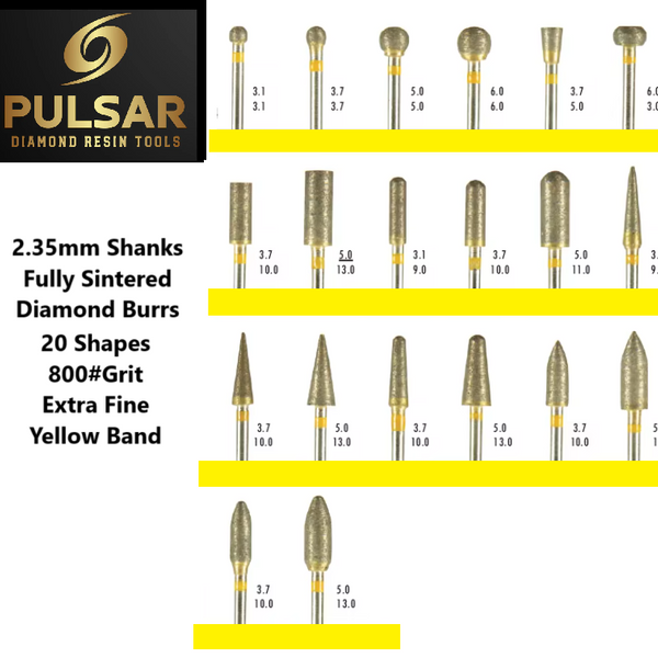 PULSAR DIAMOND® Full Set of 20 shapes 800#Grit Extra Fine Yellow Band Fully Sintered Diamond Burr 2.35mm Shank for grinding Opal & Gemstones, Glass, Stone, Metal Polishing Fits Dremel Foredom & Pulsar tools