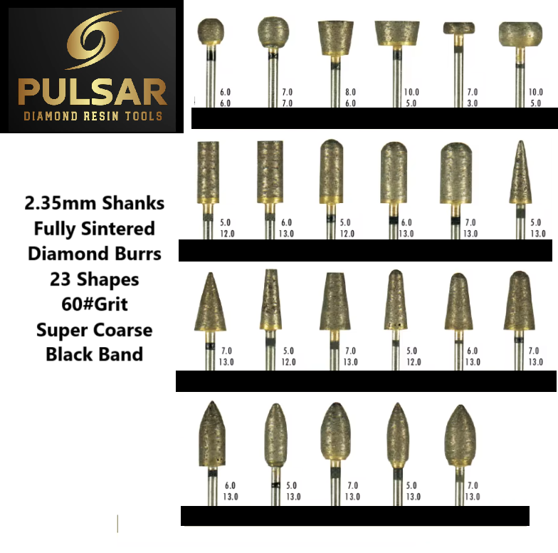 PULSAR DIAMOND® Full Set of 23 shapes 60#Grit Super Coarse Black Band Fully Sintered Diamond Burr 2.35mm Shank for grinding Opal & Gemstones, Glass, Stone, Metal Polishing Fits Dremel Foredom & Pulsar tools