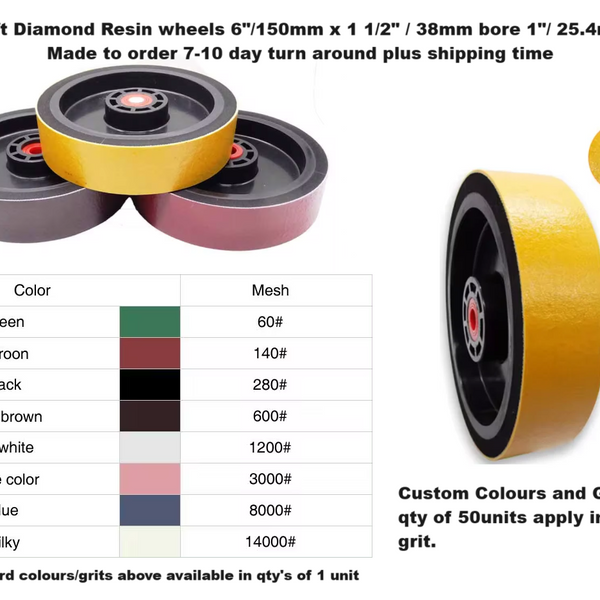 PULSAR DIAMOND™ 6"x 1 1/2" / 150mm x 38 mm Soft diamond resin wheels in various grits bore 1" / 25.4mm with plastic bushes