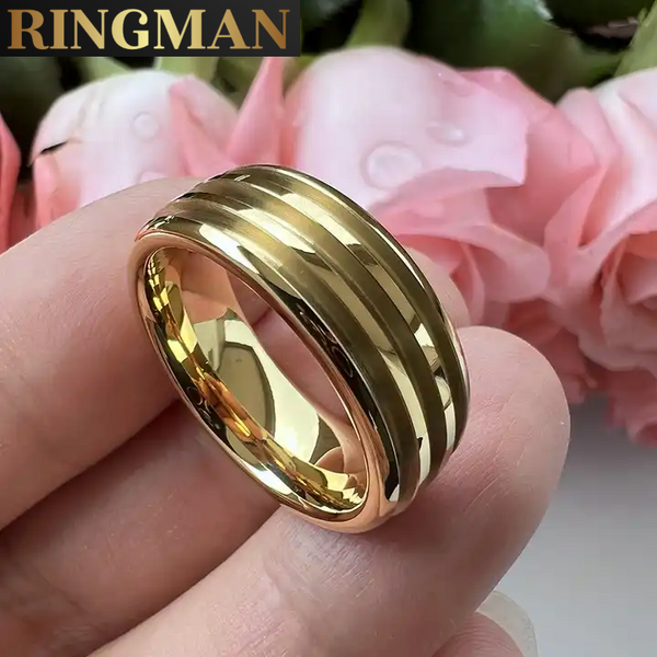 Hi Quality RingMan™ Tungsten Ring Blank for inlay opal or other 8mm wide ring with 1.1mm Triple channel UK sizes  Gold Plated High polish